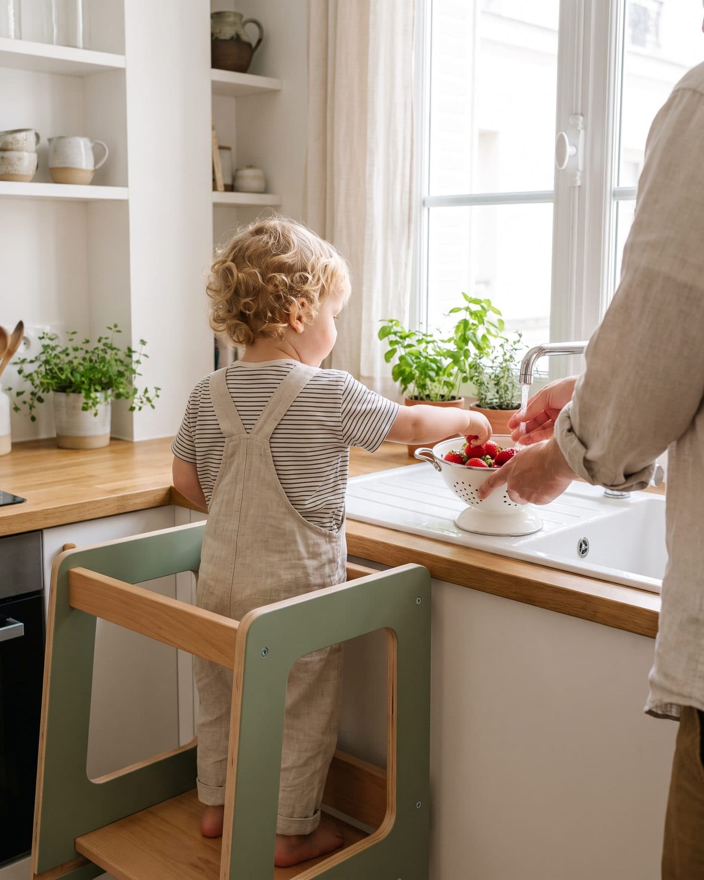 Un tout-petit debout sur une tour d'observation en hêtre et vert sauge rince des fraises au plan de travail d'une cuisine lumineuse, aidé par un parent