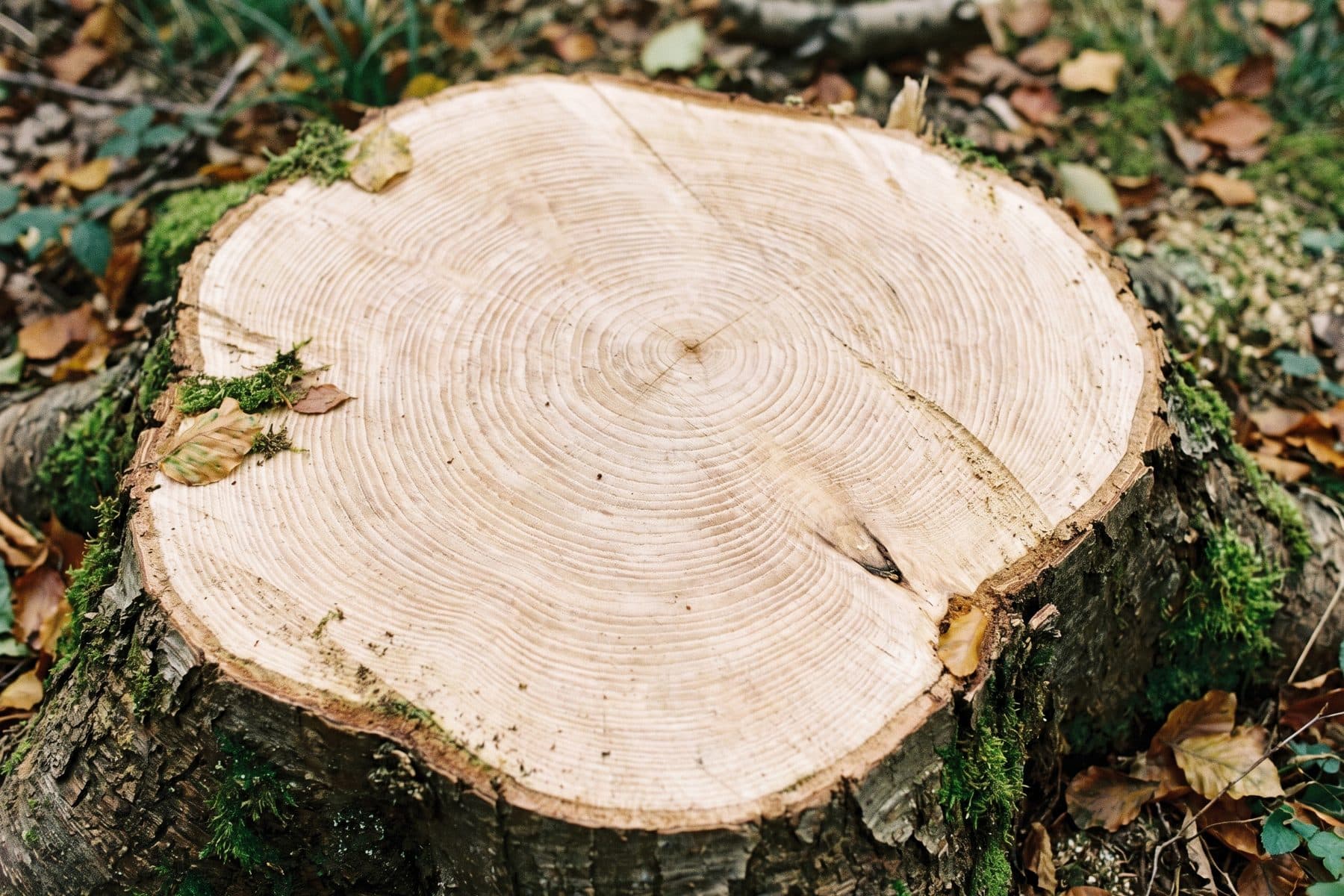 Une souche de hêtre fraîchement coupée en forêt, ses cernes bien visibles